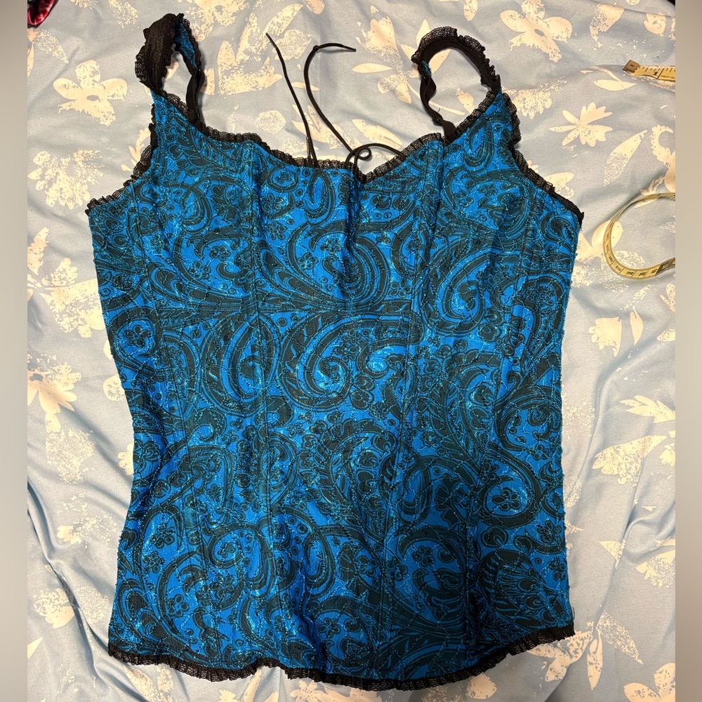 Fredrick's Of Hollywood Blue Black Lace Paisley Corset Women's Size Large